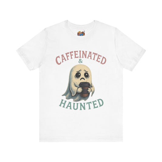 Caffeinated & Haunted Ghost Tee, Funny Halloween T-Shirt, Gift for Coffee Lovers, Cute Spooky Outfit, Unisex Graphic Tee