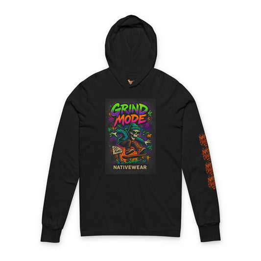Vibrant Unisex Hooded Long Sleeve Tee - 'Grind Mode' Graphic, Casual Wear, Gift for Him or Her, Festival Fashion, Streetwear Style